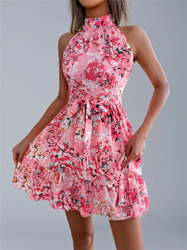Women's All Over Floral Print Belted Dress, Casual Sleeveless Dress for Summer, Women's Clothes for Beach Holiday 5
