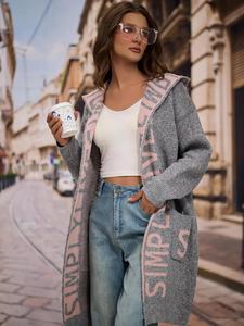 Women's Letter Print Pocket Hooded Sweater Cardigan, Casual Long Sleeve Open Front Knitwear for Fall & Winter, Fashion Ladies' Knit Clothing for Daily Wear