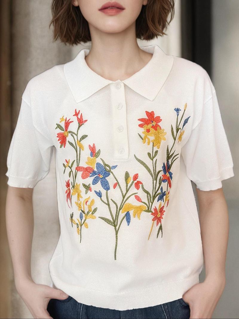 Product Introduction of Women's Floral Embroidery Curved Hem Short Sleeve Tee, Elegant Casual Crew Neck T-shirt for Summer, Fashion Women's Top for Daily Wear 7