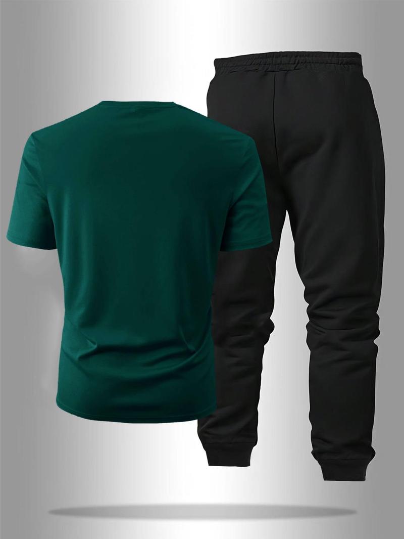 Product Introduction of Men's Letter Print Tee & Drawstring Waist Pants Two-piece Set, Regular Fit Round Neck Short Sleeve T-shirt & Trousers, Casual Clothes for Summer 7