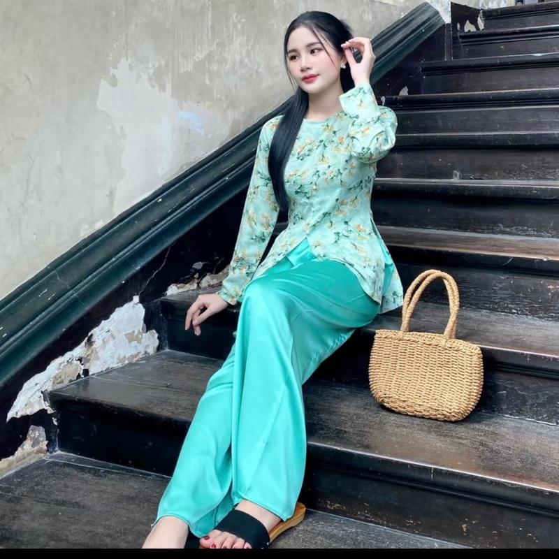 [BỘ BÀ BA], áo lụa hoa, quần lụa satin, cổ tròn, tay ráp lăn, dây khoá kéo sau lưng/ Sét đồ lam đi chùa , đi lễ, đi tiệc Top