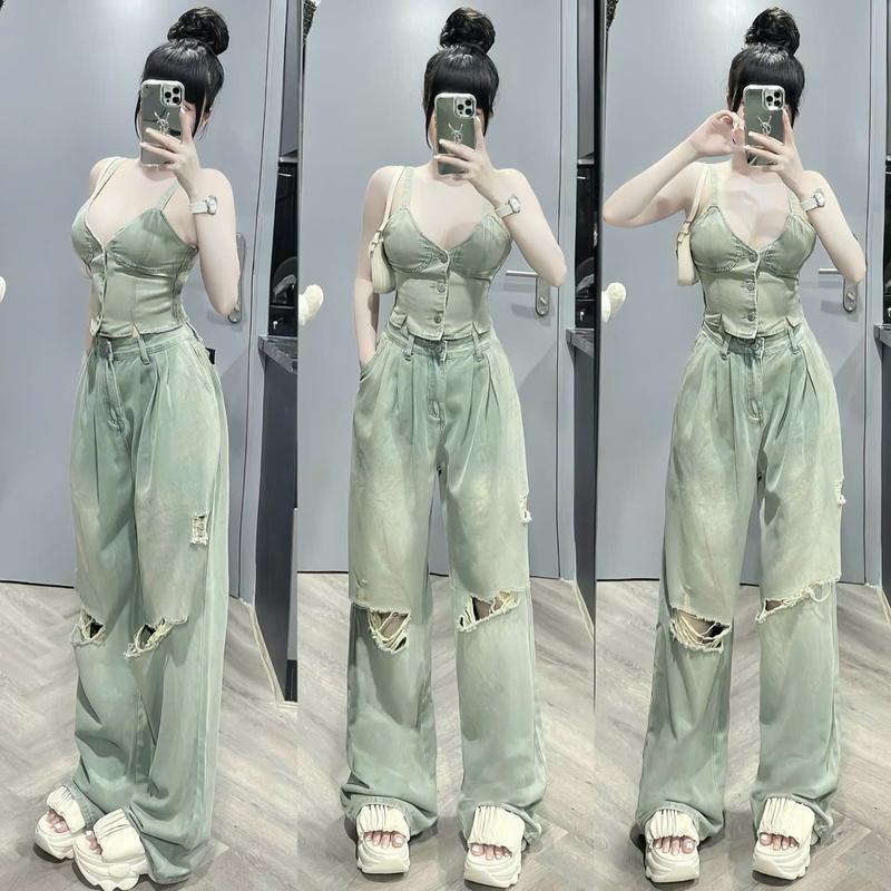 Set đồ nữ jean áo 2 dây croptop cài nút thật mix quần suông ống rộng rách gối dáng dài xinh xắn dành cho các nàng diện đi chơi đi tiệc