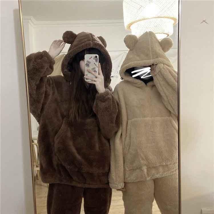 Bộ lông cừu mặc nhà áo hoodie mũ tai gấu siêu to form rộng nam nữ chất lông dày dặn ấm áp bất chấp rét đại hàn