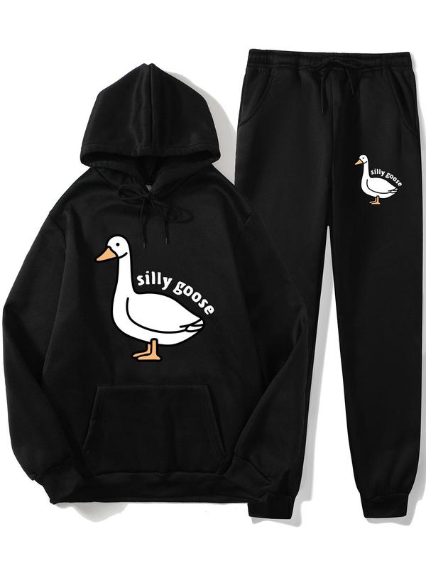Two Pieces Men's Cartoon Goose Print Drawstring Two-Piece Set, Regular Fit Long Sleeve Pullover & Pocket Pants for Spring & Fall, Men's Outfits for Daily Wear 1