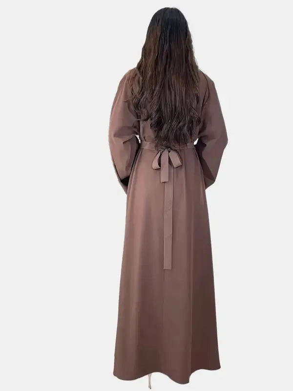 Women's Plain Belted Flounce Sleeve Dress without Necklace, Casual Long Sleeve Round Neck Long Dress for Daily Wear, Ladies Clothes for All Seasons, Classy Modest Dresses 1