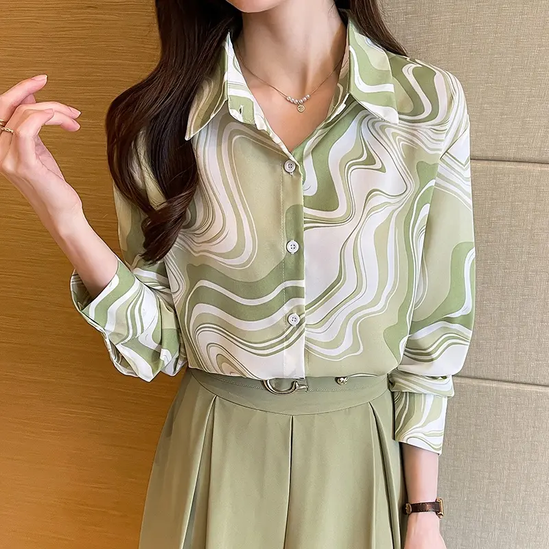 Áo Sơ Mi Thời Trang Nữ, Phong Cách Âu Mỹ Hàng Mới Về, In Hoa, Dáng Rộng Vừa Vặn, Cổ Bẻ Áo, Dài Tay, Hàng Có Sẵn
