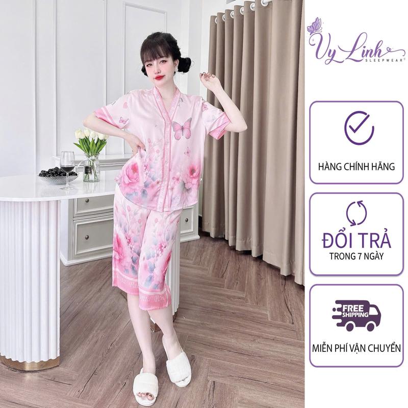 Bộ Đồ Ngủ Quần Lửng Cổ Y Dành Cho Nữ Hoạ Tiết Dễ Thương Chất Liệu VảI Lụa Latin Cao Cấp S1235