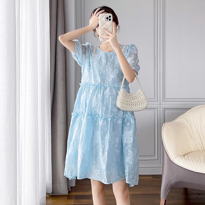 M69877# Pregnant Dress Trendy Loose Dress Women Korean Style Bubble Sleeves Elegant Stylish Summer Slim New Arrival Pregnancy Clothes Dress 1