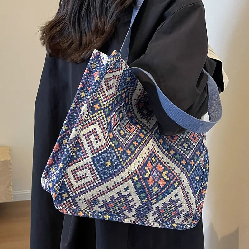 Large Capacity Ethnic Style Bag 2024 Internet Celebrity Canvas Bag Hand-Woven Tote Bag Female Ins Shoulder Handbag