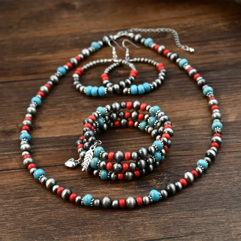 Retro Bohemian red turquoise beaded national necklace earrings bracelet set of three. delicate gift 7