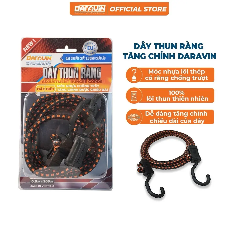 Dây Thun Ràng Tăng Chỉnh DARAVIN 2m lõi THÉP, 150KG Tải trọng
