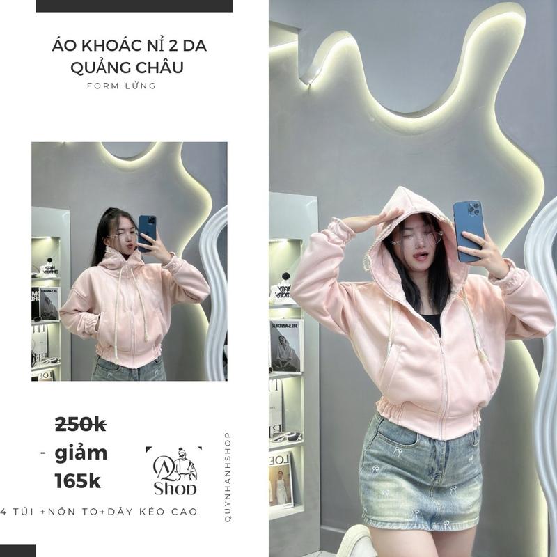 Áo khoác form lửng nỉ 2DA quảng châu không xù trơn bo chun tay -bo chun lưng  + 4 túi (túi ngoài có dây kéo khoá) - Size 35kg-57kg Nữ Women Top