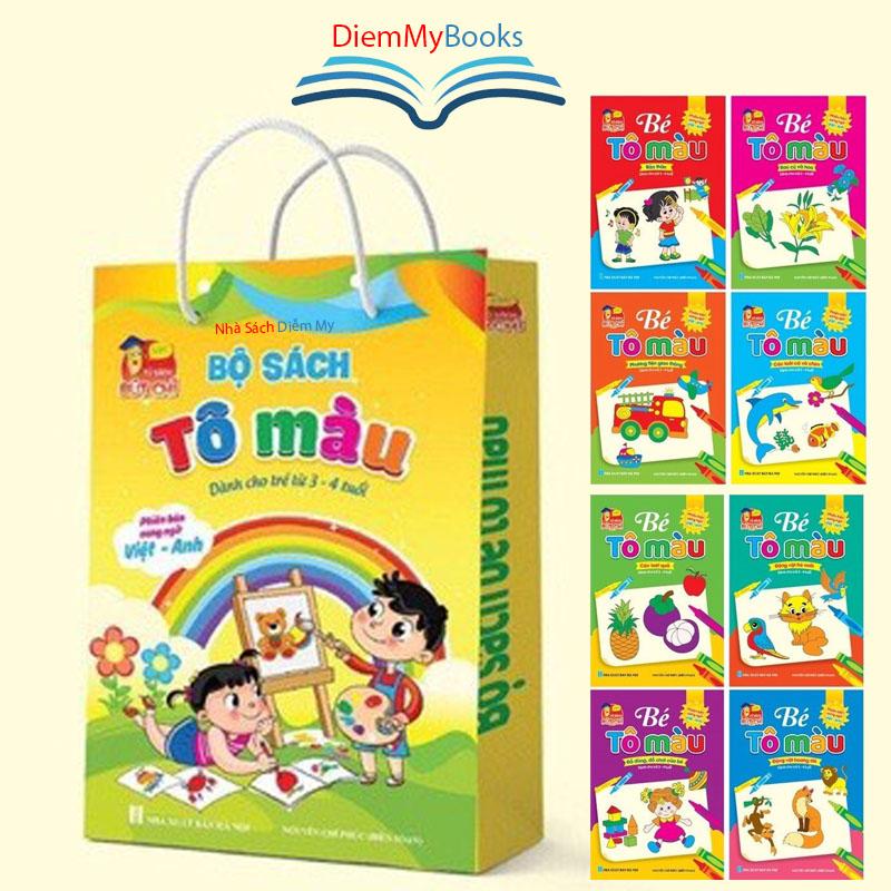 Sách-Bộ 8 Quyển Bé Tập Tô Màu Cho Bé Từ 3-4 Tuổi Song Ngữ Anh Việt Theo Các Chủ Đề Hình Vẽ To-Tặng Kèm Túi Xách