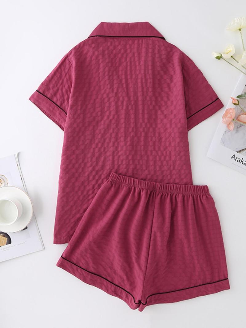 Product Introduction of Two-Piece Set Women's Contrast Binding Textured Pajama Set, Casual Lapel Shirt & Elastic Waist Shorts Set, Summer Sleepwear for Lady, Homewear Set, Loungewear 2