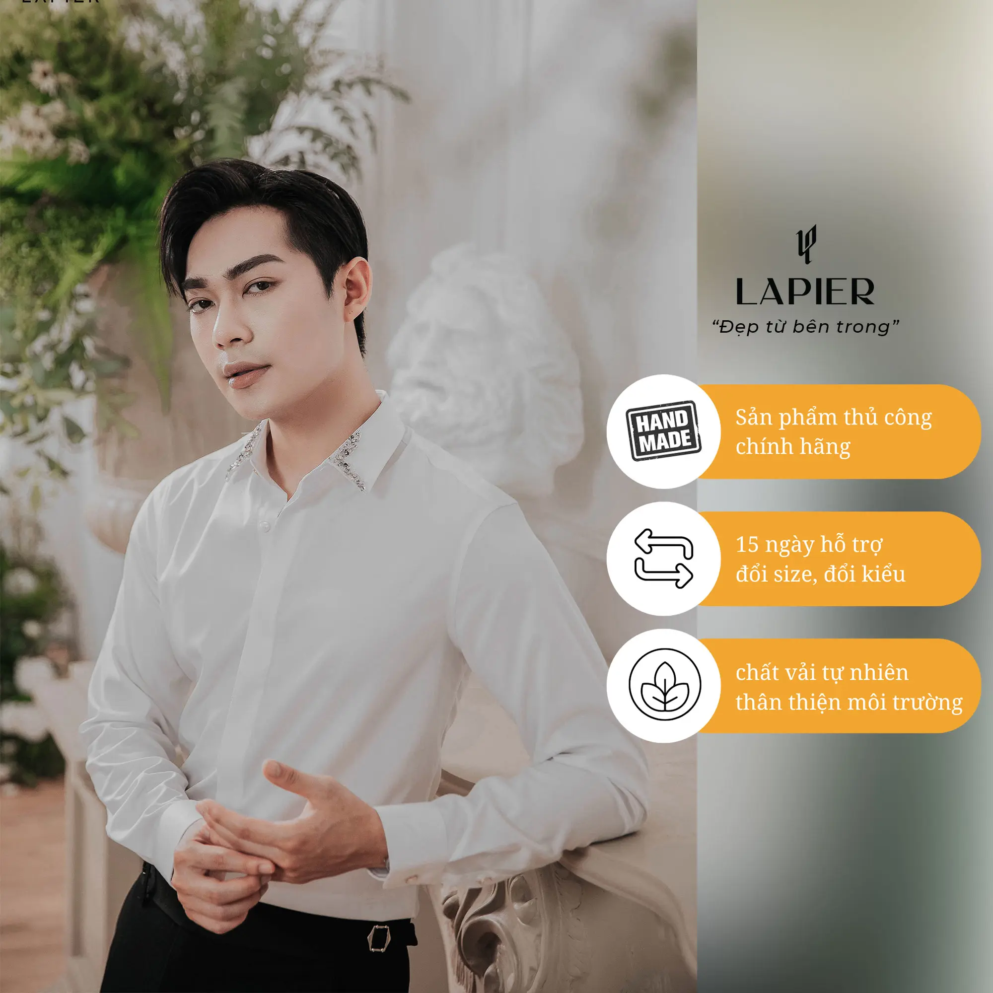 Sơ Mi Nam Thiết Kế Cao Đính Thủ Công Pha Lê Victory Cổ Áo – 2 Màu Trắng Đen Lapier