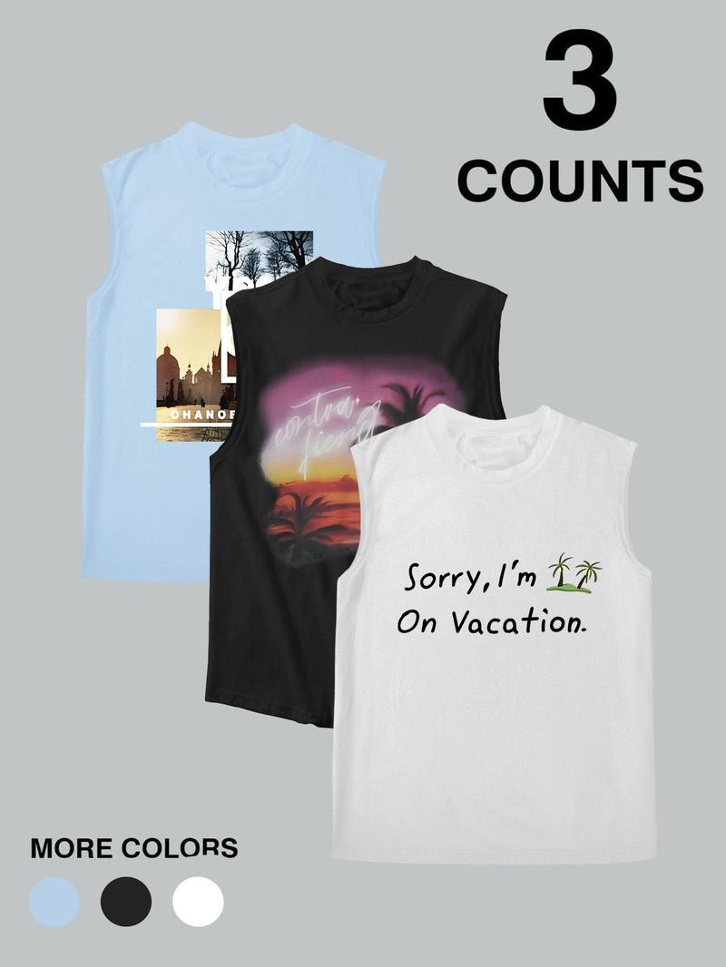 Product Introduction of Men's Landscape & Letter Print Tank Top, Regular Fit Casual Sleeveless Round Neck Top for Summer, Men's Top for Daily Wear, Vests 1
