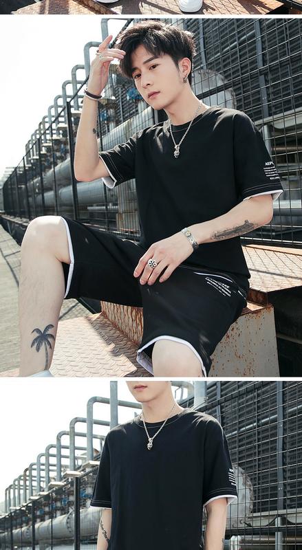 Product Introduction of New Leisure Sports Suit Men's All-Cotton Short-Sleeved T-shirt Shorts Set Workout Clothes Two-Piece Set 19