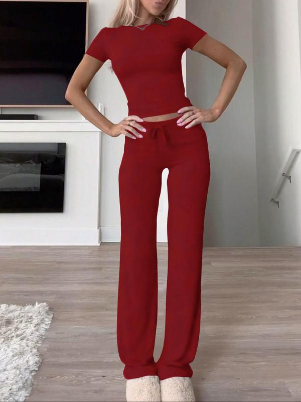 Women's Solid Short Sleeve Two-piece Set, Casual Tracksuit, Round Neck Crop Tee & Drawstring High Waist Trousers, Sixth Form Outfit, Co Ords for Women, Holiday Evening Outfits, Classy Going Out Tops & Pants Autumn Outfits 2024, Gym Sets, Fall Outfits 8