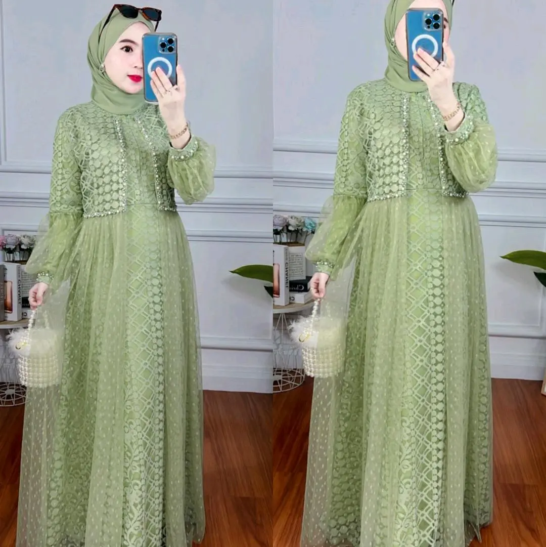 Gamis Ozias Brokat Jiwon Busui Tangan Balon Dress Panjang
