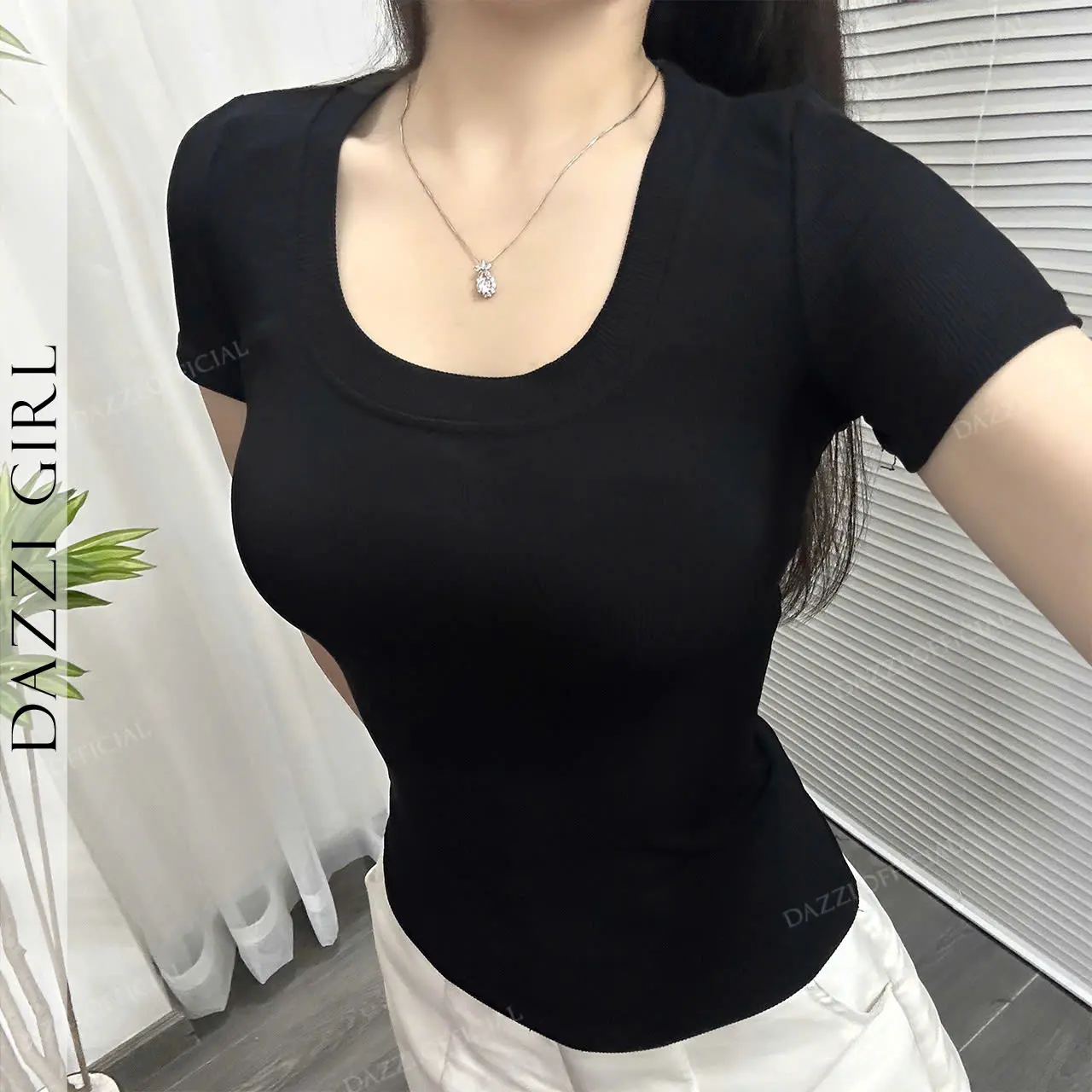 Áo thun trơn nữ cổ vuông vải thun gân tăm DAZZI dáng dài form ôm dáng Women A02 | BigBuy360 - bigbuy360.vn