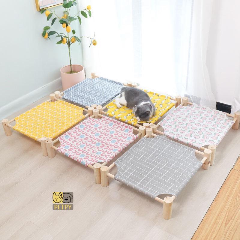 Giường cho thú cưng khung gỗ vải Linen thoáng khí, giường gỗ cho chó mèo, võng chó mèo
