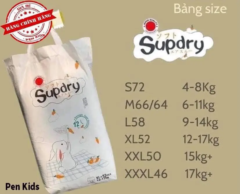 Tã Bỉm SUPDRY trắng đủ size NB/S72/M66/L60/L58/XL52/XXL50/XXXL46/XXXXL Cho Bé Women Nữ