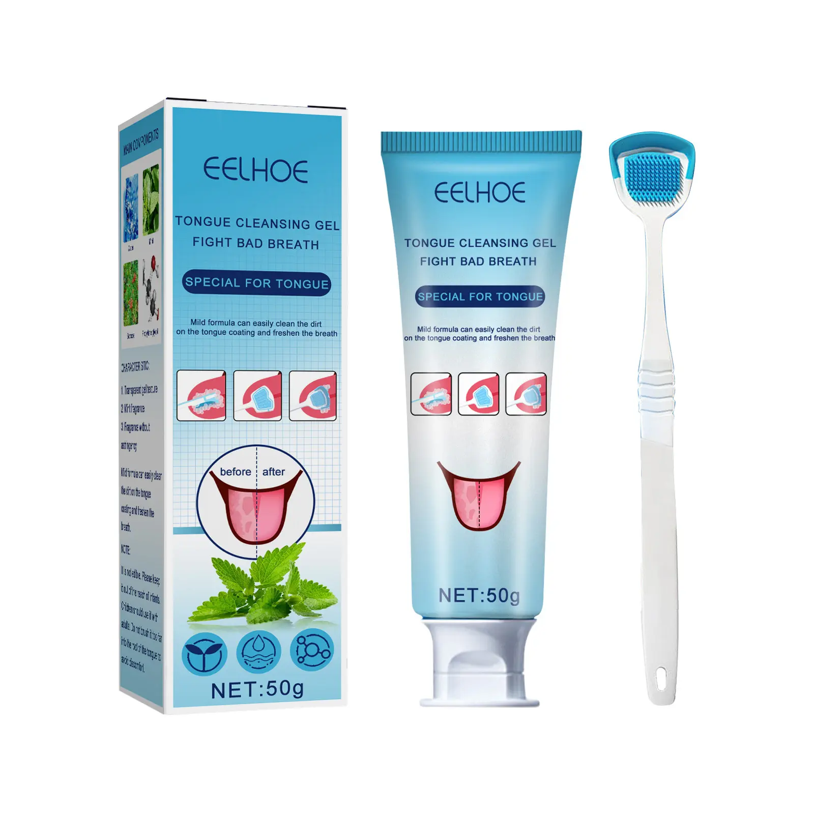EELHOE Gel Pembersih Lidah Perawatan Mulut Menghilangkan Bau Mulut Gel Nafas Segar dengan Sikat