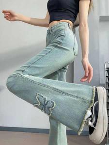 กางเกงยีนส์ปักลายโบว์ไลท์อเมริกัน สำหรับผู้หญิง ทรงสลิมฟิต ฤดูร้อน กางเกงไมโครราฟ ทรงสลิมฟิต กางเกงเกือกม้า