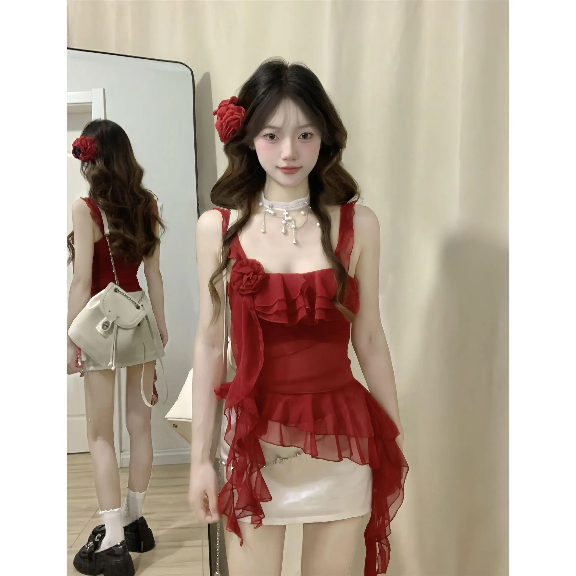 Fashion Trend Pure Desire Camisole High-end Feel, Elegant Hot Girl Irregular Red Top for Petite Women Summer Outfit Womenswear Basic Sexy Shirts Blouse flower  tube  top