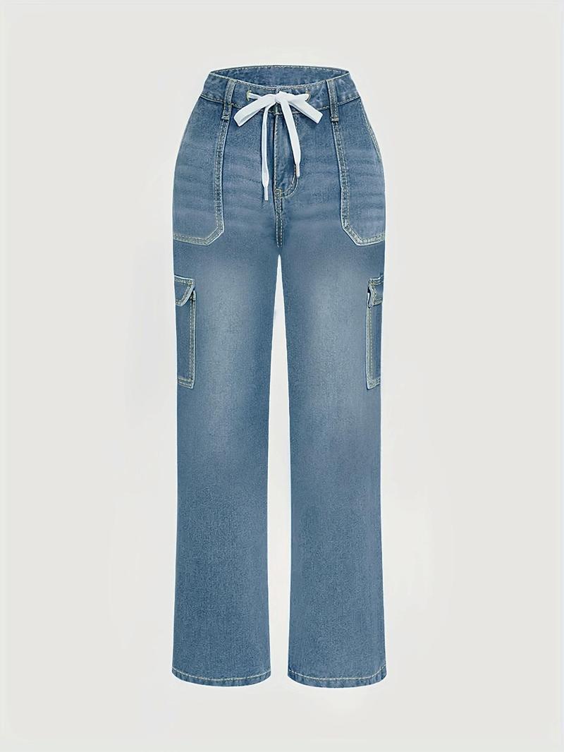 Product Introduction of 【Plus Size】 Solid Tie Front Pocket Cargo Jeans, 1 Count Casual Street Fashion Denim Pants for Daily Wear, Women's Bottoms for All Seasons 5