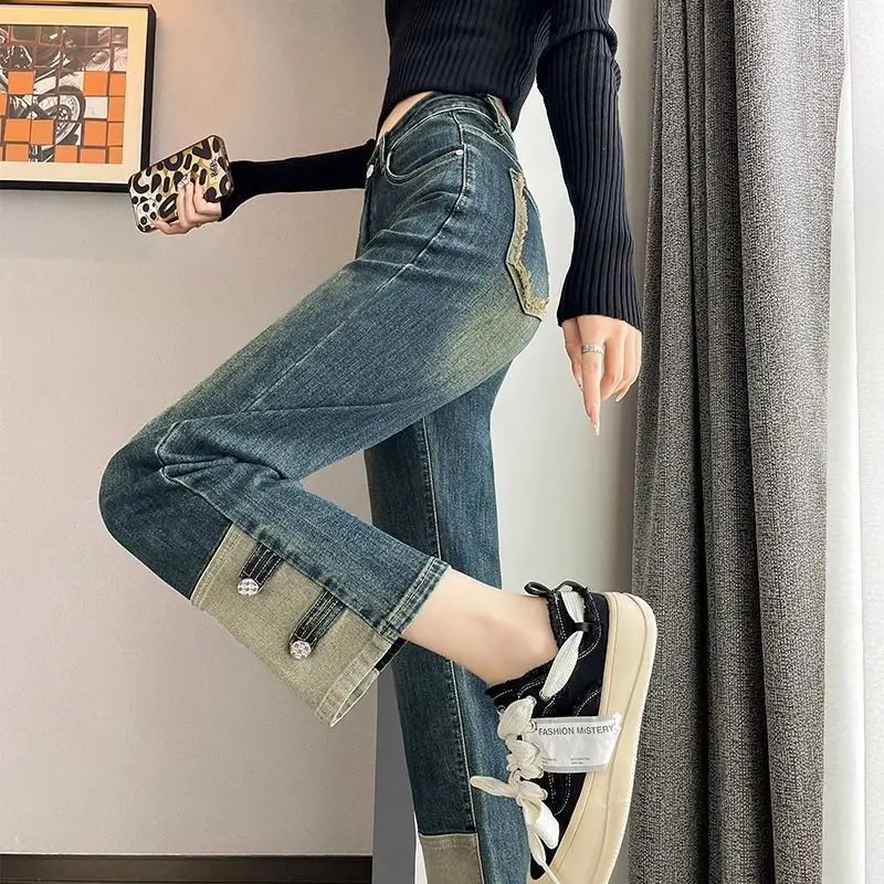 Quần Jean Ống Khói, Thiết Kế Chắp Vá Cổ Điển Cắt Thẳng, Cạp Cao, Ngoại Cỡ, Mỏng Vừa Vặn, Quần Cropped Xén, Hàng Mới Về Mùa Xuân 2024 Nữ Women
