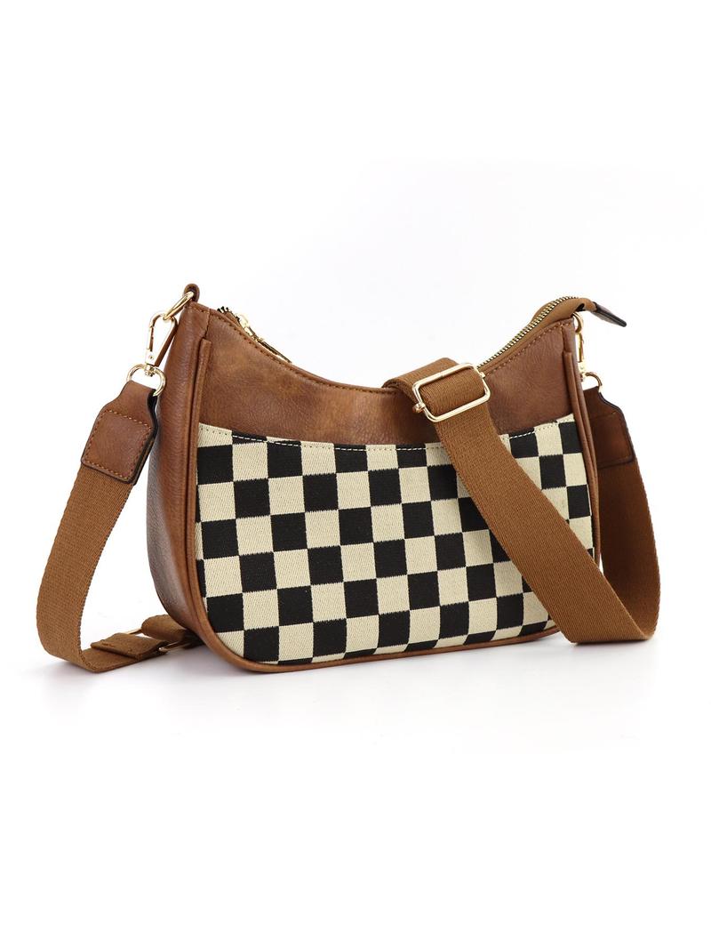 Product Introduction of Women's Checked Pattern Crossbody Bag, Fashionable PU Leather Hobo Bag with Adjustable Strap, Casual Versatile Shoulder Bag for Daily Used 1