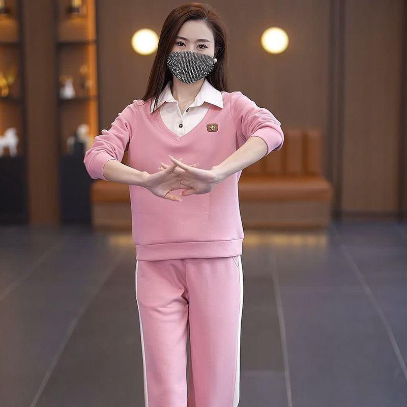 Product Introduction of Bộ Đồ Quần Áo Thể Thao Thường Ngày Cho Nữ, Bộ Sưu Tập Mùa Xuân Và Mùa Thu, Thời Trang Mới, Thích Hợp Cho Mẹ Trẻ, Áo Sơ Mi Chắp Vá, Cổ Áo, Áo Len Mỏng, Bộ Hai Mảnh 10