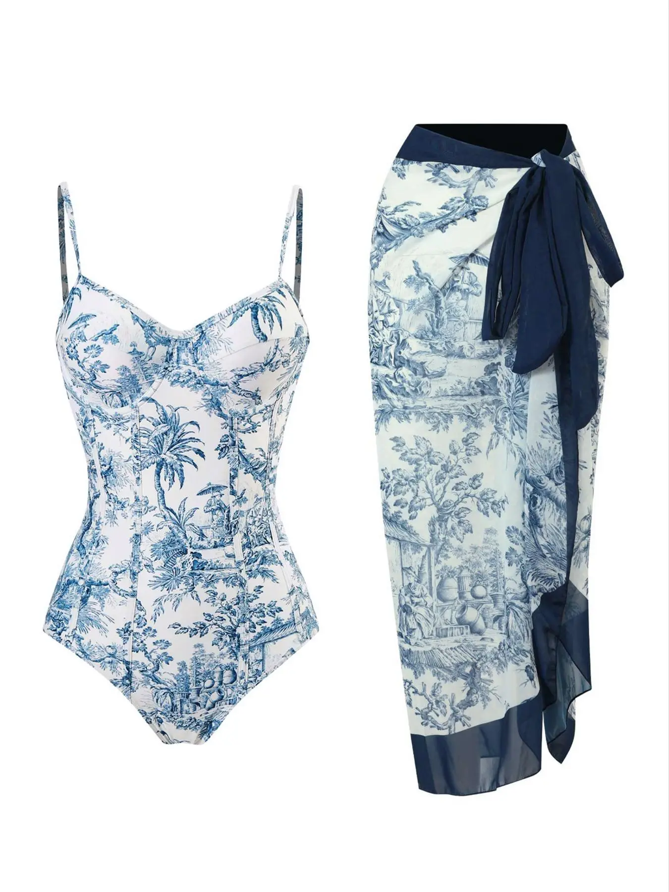2 Counts Women's Plants Print Cami Bodysuit & Contrast Mesh Skirt Set, Summer Clothes Women Elegant Tropical Style Adjustable Spaghetti Strap Backless Camisole & High Waist Knot Detail Skirt, Swim Clothing