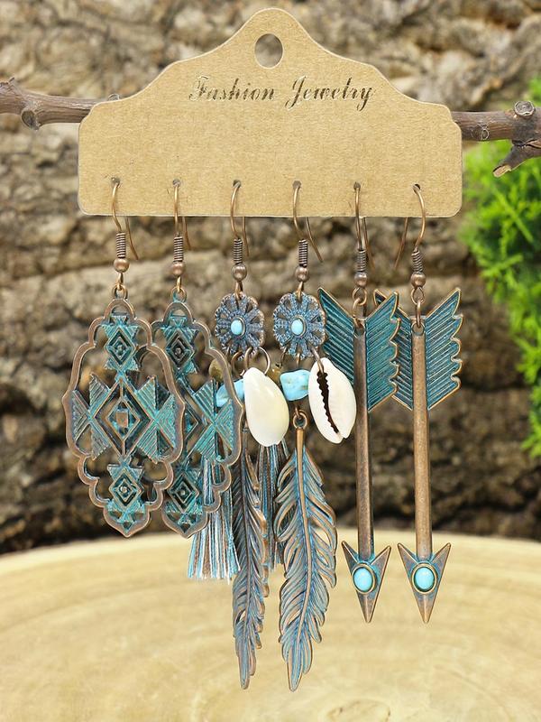 Boho Turquoise Texture Shell Tassel Hollow Arrow Feather Decor Dangle Earrings (3 Pairs), Vintage Trendy Dangle Earrings, Fashionable Jewelry for Women for Daily & Party Decoration Gifts 0