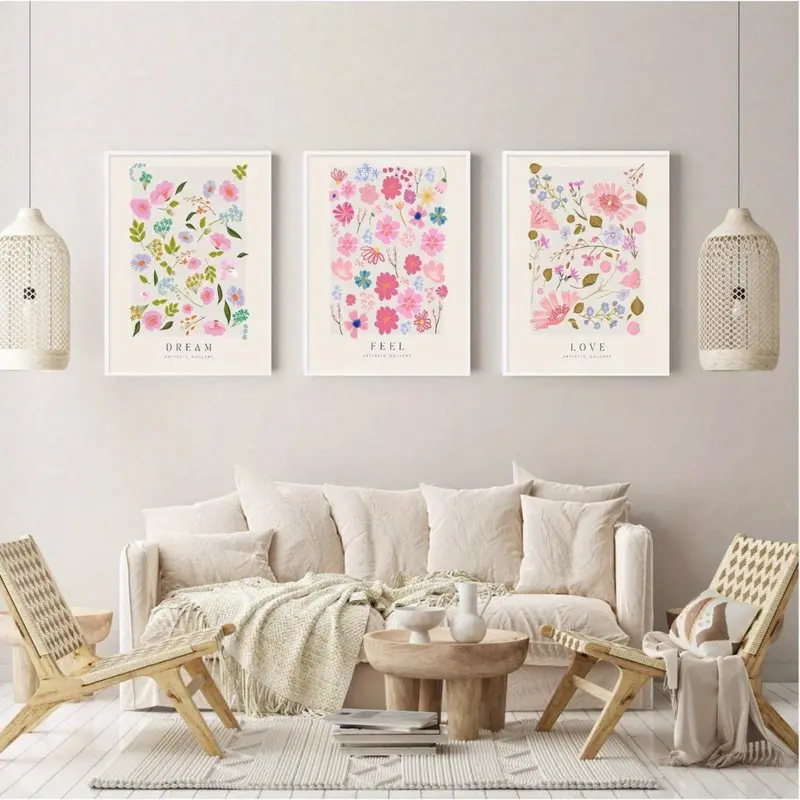 Flower Pattern Canvas Painting without Frame, 3 Counts/set Modern Botanical Themed Art Canvas Painting, Wall Art for Home Living Room Bedroom Decor 4