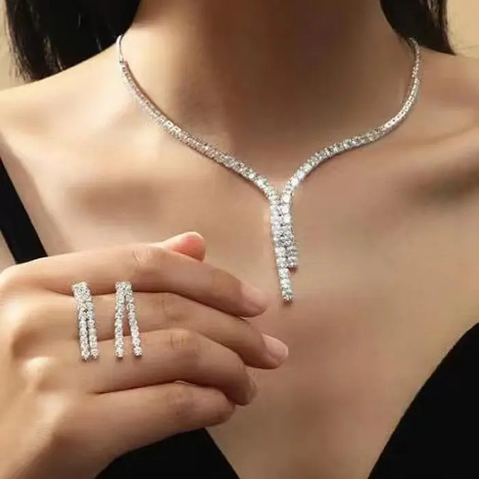 Set Aksessoris Hiasan Wanita Kalung Anting Tusuk Zircon Pengantin 2 2