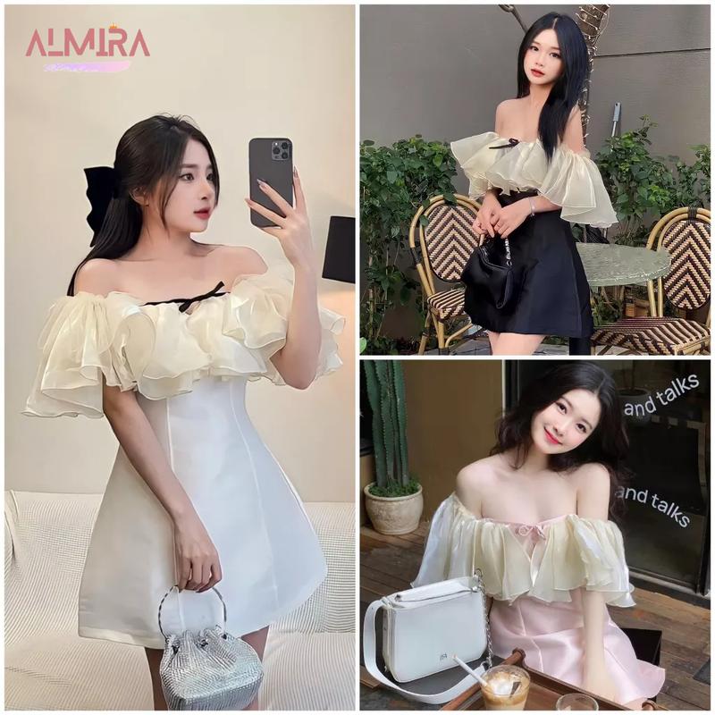 Váy Tafta Phối Tơ Óng Trễ Vai Dây Cổ 2 Lớp Có Đệm Ngực, đầm Dự Tiệc, ASEE STORE