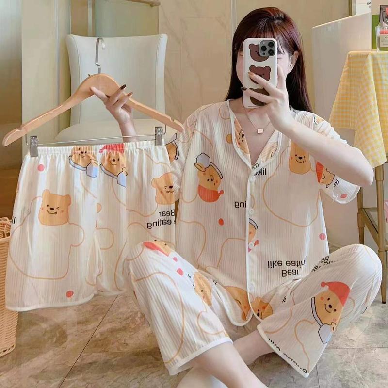 Product Introduction of 2024 TikTok Live Hot Sale Three-Piece Pajamas for Women Cute Cartoon Ding Dong Bear Casual Loungewear Set 8