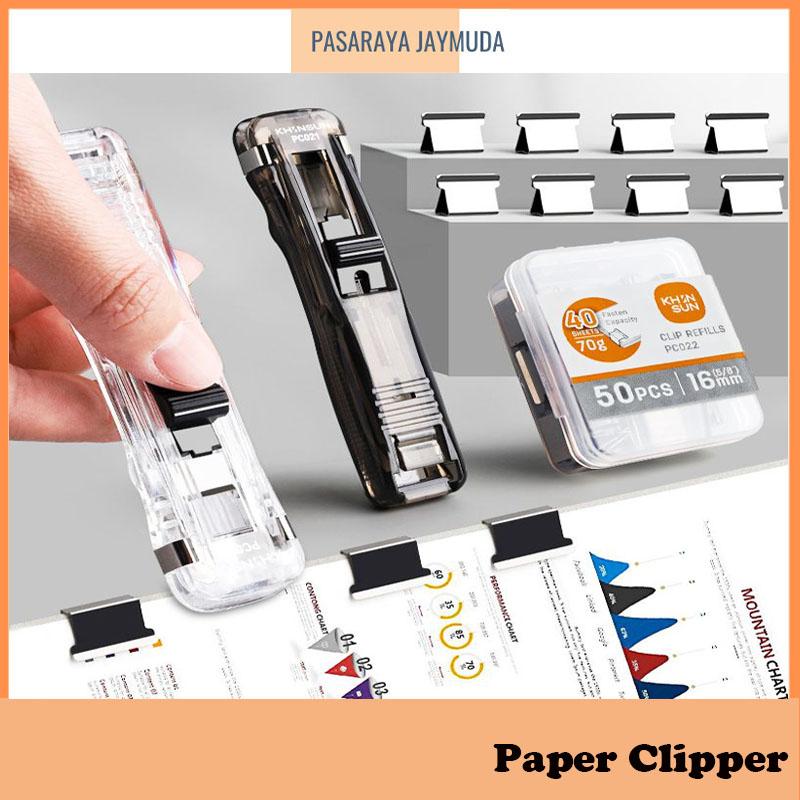 Paper Clipper with Refills Staple Reusable Push Clip File Document Bind ...