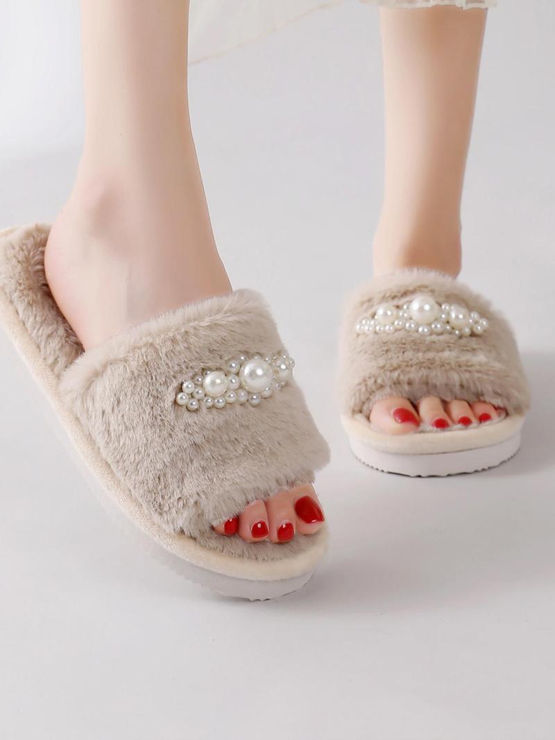 Product Introduction of Women's Faux Pearl Decorated Plush Slippers, Casual Soft Comfortable Home Slippers, Warm Slippers for Indoor & Outdoor Use for Women & Girls 15