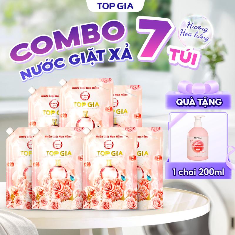 (COMBO 7L) Combo 7 Túi Nước giặt xả TOPGIA hương hoa hồng 1L Tặng 1 chai  nước giặt nội y 200ml  - Nước giặt xả 3in1 ngừa khuẩn, Làm sạch, an toàn cho bé và lưu hương dài lâu, chiết xuất hoa hồng lưu hương đến 72H nth