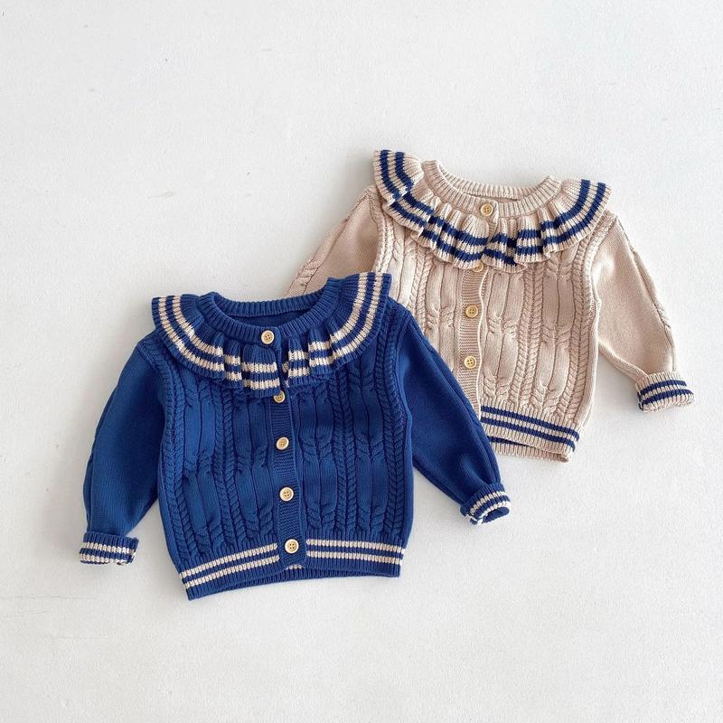 Product Introduction of Ins 2024 Autumn Baby Girls Knit Cardigan Sweater Lotus Collar Ruffle Line Collar Children Winter Solid Thicken Warm Knitwear Top 13
