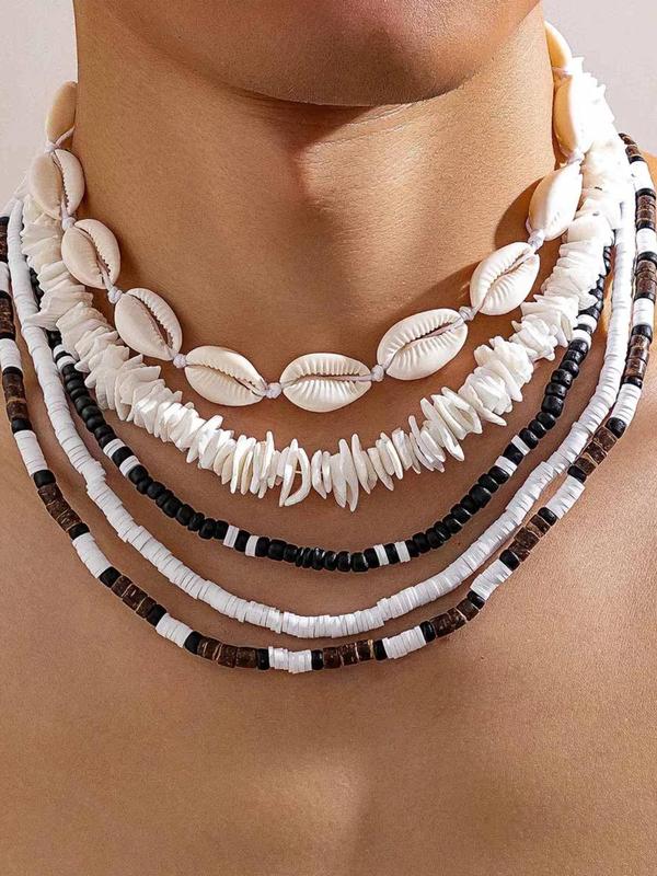 Men's Boho Style Shell & Clay Beaded Design Necklace (5pcs/set), Fashionable Beaded Necklaces for Men, Casual  Trendy All-match Jewelry As Birthday Gift 2