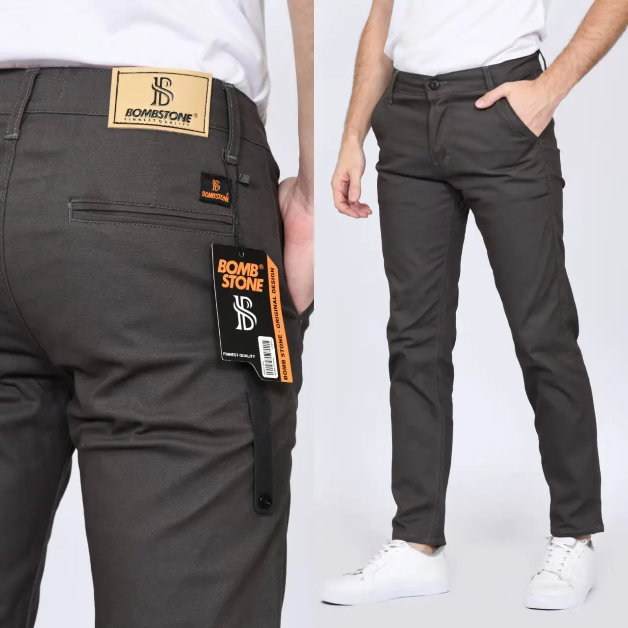 Celana Chino TERLARIS BOMSTONE Panjang Skinny Semi SlimFit Cowo/Cowok Pria Murah dan Grosir  nyaman  Tebal Denim Jeans Lembut Hitam Bandung Melar Stretch