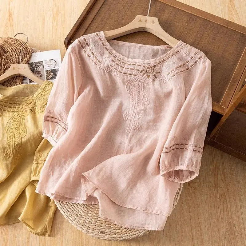 Áo Vải Lanh Bông Phong Cách Trung Quốc Dành Cho Phụ Nữ, Cổ Điển Cao Cấp Dáng Rộng Vừa Vặn, Ngoại Cỡ, Áo Phông Thêu, Hàng Mới Về Mùa Hè, Áo Sơ Mi ngắn Tay Mỏng, Được Thu Thập Bởi 16k Người