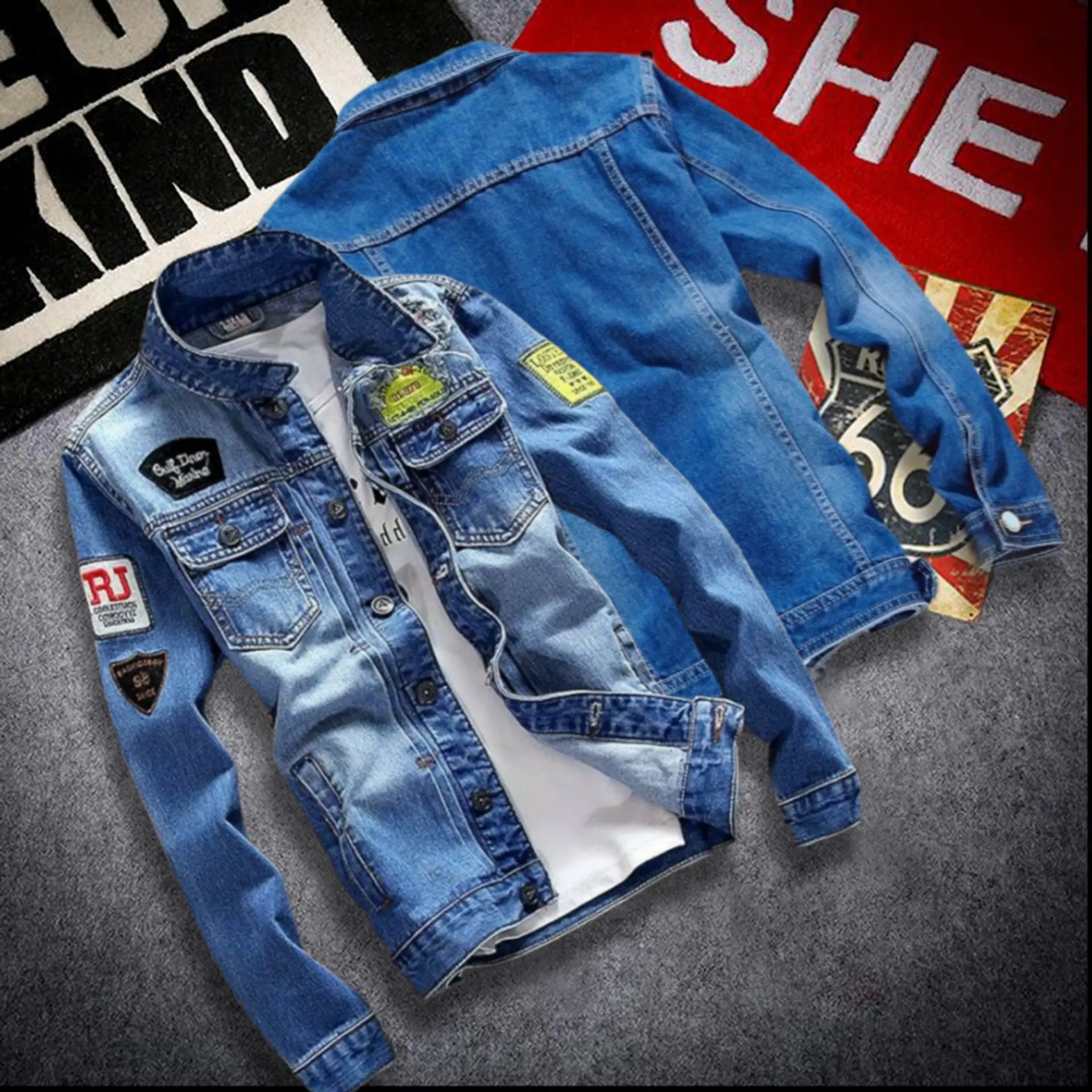 (COD) Jaket Jeans Denim Pria Dan Wanita, Jaket Krah Bordir, Jaket Jeans Emblem.