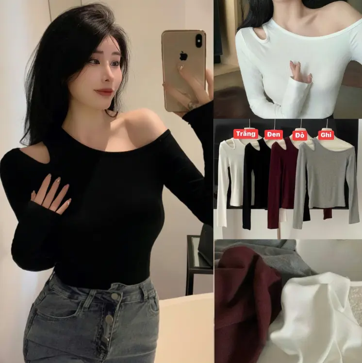 Áo thun nữ lệch vai 4 màu, chất cotton co dãn - Women