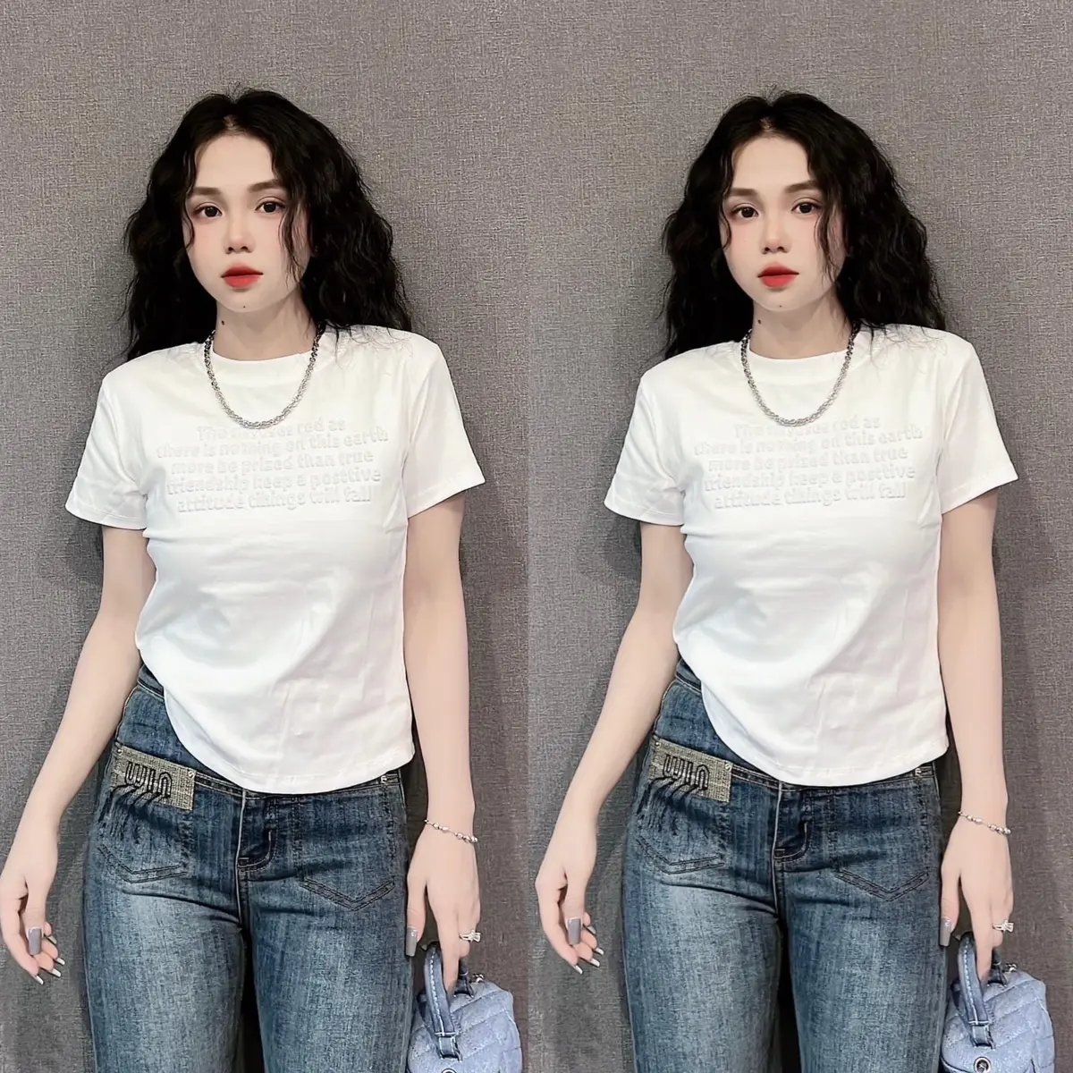 Áo phông cotton mịn form vừa dập nổi 5 dòng Top Nữ
