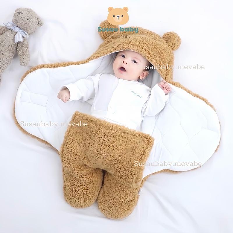 Chăn Ủ Gấu Lông Cừu Có Chân Cho Bé Loại Dày 3 Lớp Trần Bông Gối Ngủ